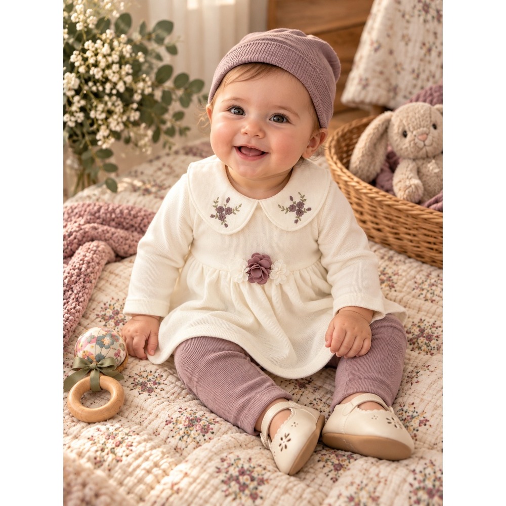 Baby Yuval Luxury 100% Peruvian Cotton 3 Piece Floral Baby Girl Knit Dress 6-9M